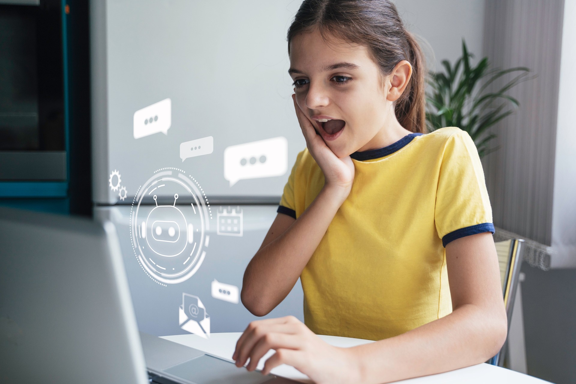 Confident girl reacting to AI Coach with chat motifs. AI Chatbot conversation, Ai Artificial Intelligence. OpenAI generate.